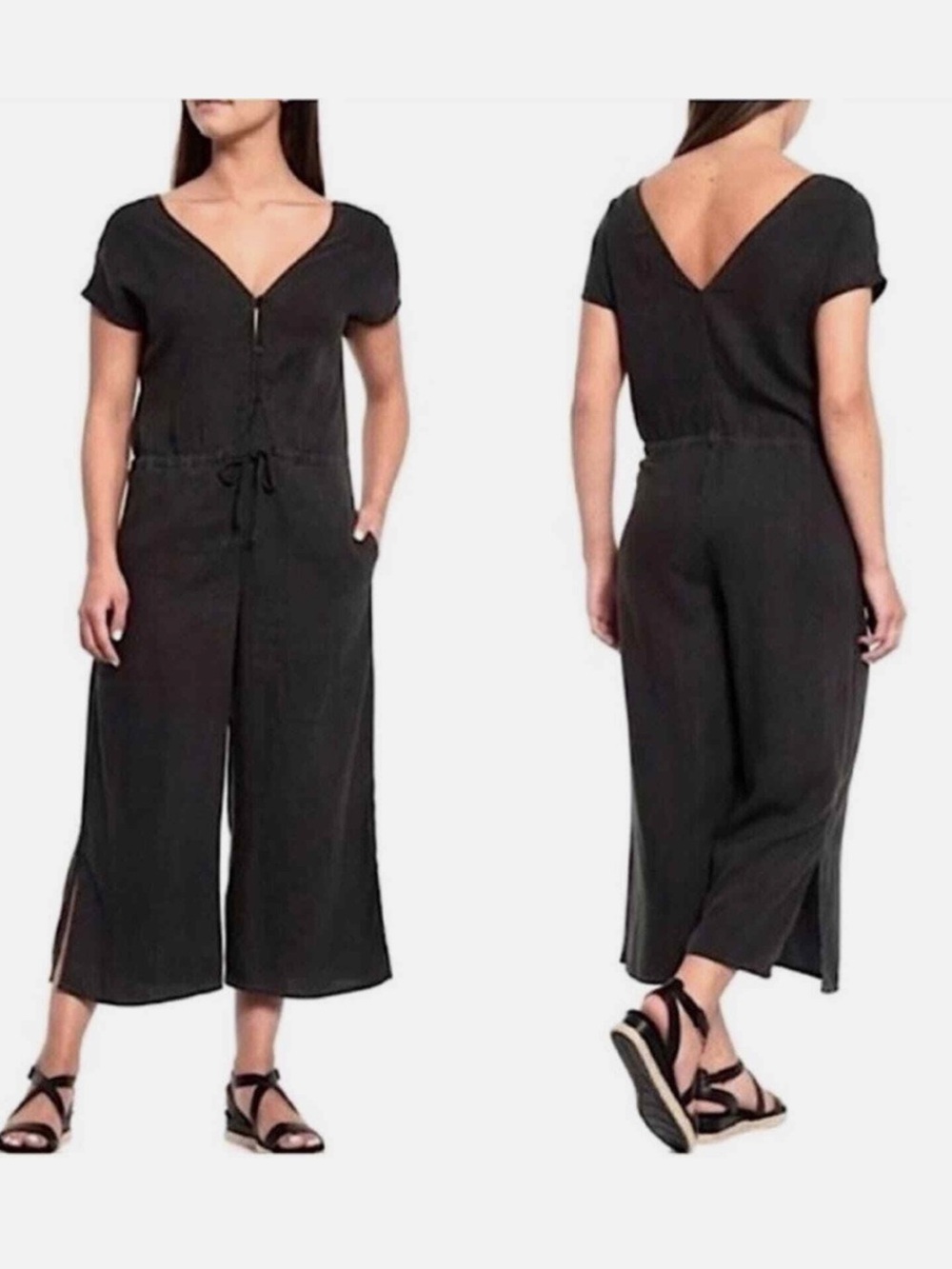 Anthropologie Cloth & Stone Tencel Wide Leg Minimalist Charcoal V-Neck Jumpsuit